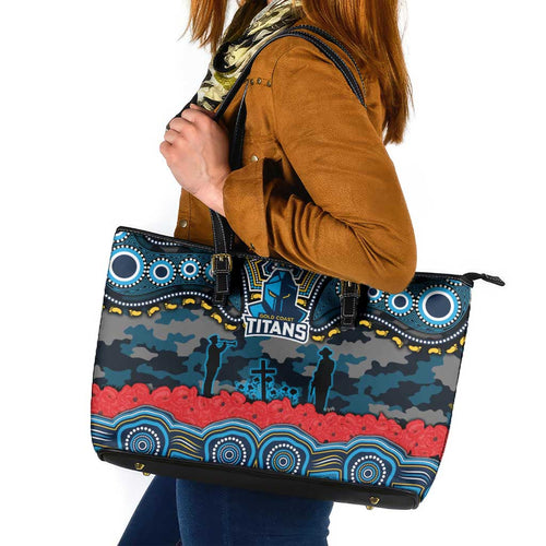 ANZAC Day Gold Coast Titans Leather Tote Bag Military Memorial Aboriginal Indigenous Art