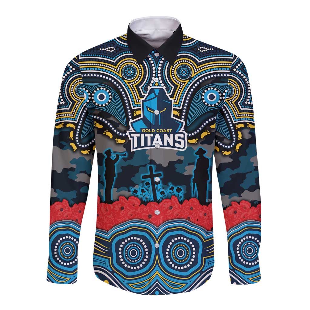ANZAC Day Gold Coast Titans Long Sleeve Button Shirt Military Memorial Aboriginal Indigenous Art