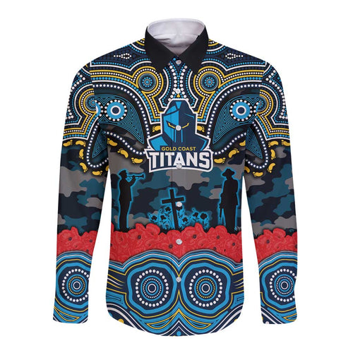 ANZAC Day Gold Coast Titans Long Sleeve Button Shirt Military Memorial Aboriginal Indigenous Art