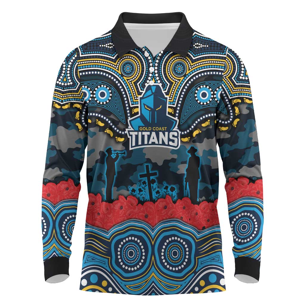 ANZAC Day Gold Coast Titans Long Sleeve Polo Shirt Military Memorial Aboriginal Indigenous Art