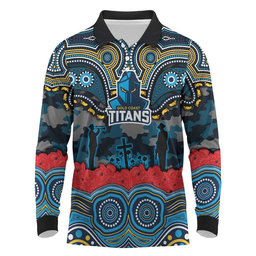ANZAC Day Gold Coast Titans Long Sleeve Polo Shirt Military Memorial Aboriginal Indigenous Art