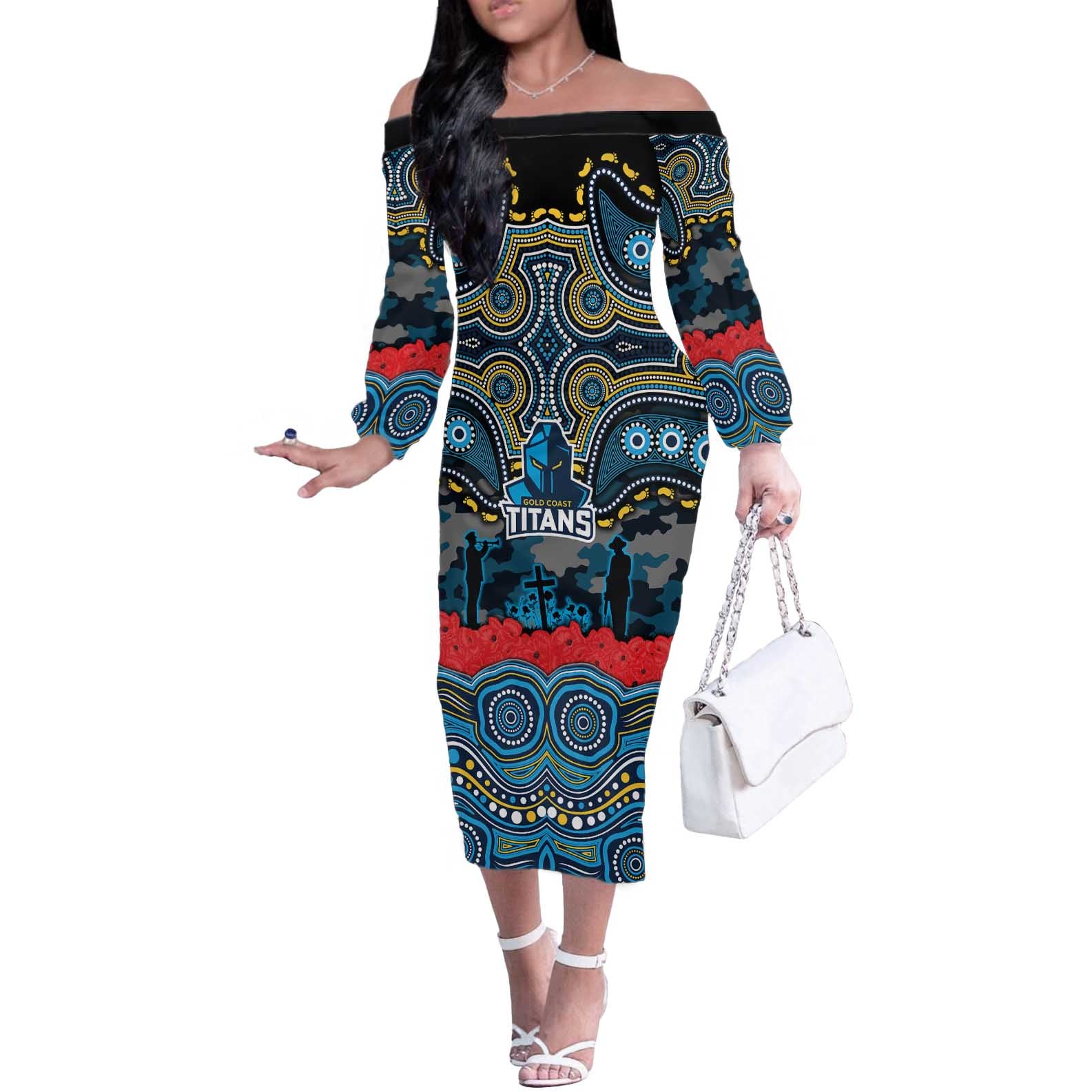 ANZAC Day Gold Coast Titans Off The Shoulder Long Sleeve Dress Military Memorial Aboriginal Indigenous Art