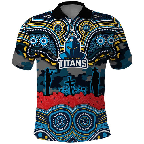 ANZAC Day Gold Coast Titans Polo Shirt Military Memorial Aboriginal Indigenous Art