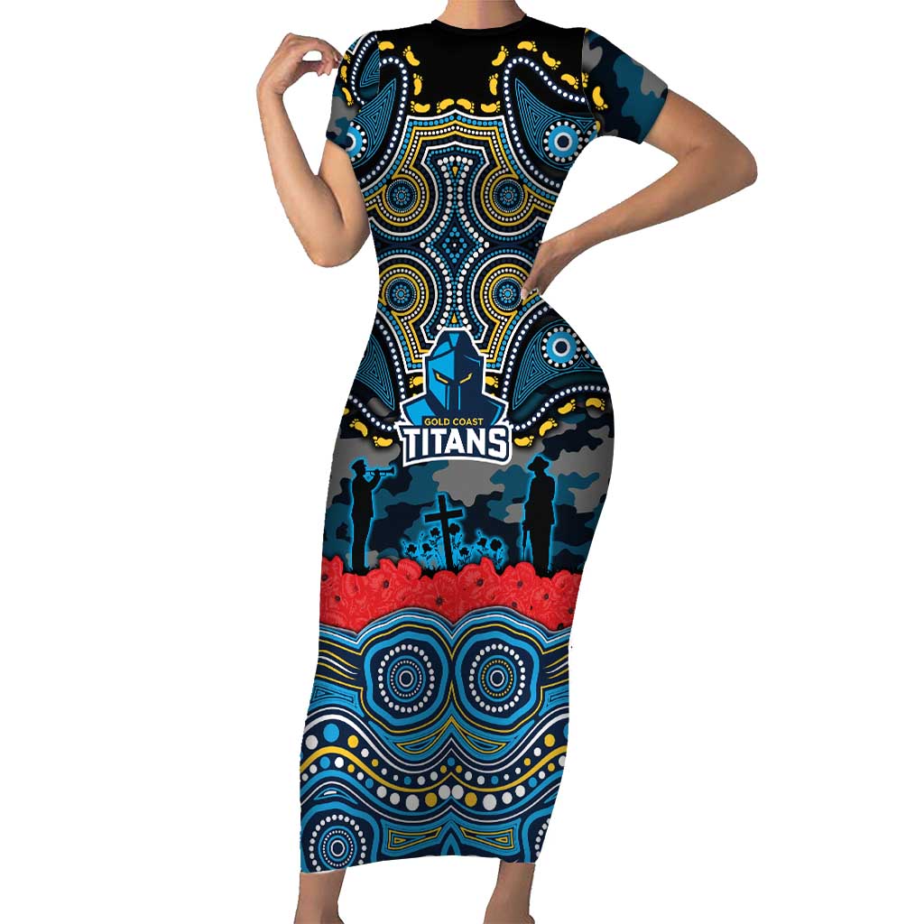 ANZAC Day Gold Coast Titans Short Sleeve Bodycon Dress Military Memorial Aboriginal Indigenous Art