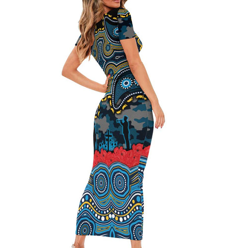 ANZAC Day Gold Coast Titans Short Sleeve Bodycon Dress Military Memorial Aboriginal Indigenous Art
