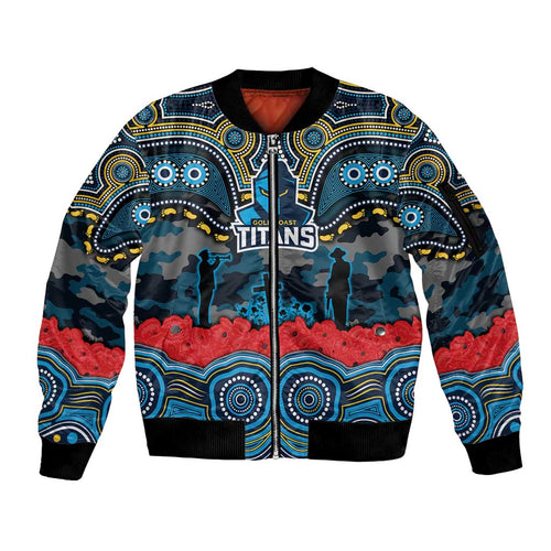ANZAC Day Gold Coast Titans Sleeve Zip Bomber Jacket Military Memorial Aboriginal Indigenous Art