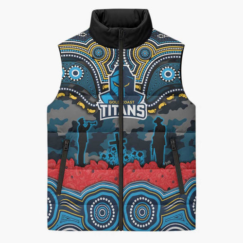 ANZAC Day Gold Coast Titans Sleeveless Puffer Jacket Military Memorial Aboriginal Indigenous Art