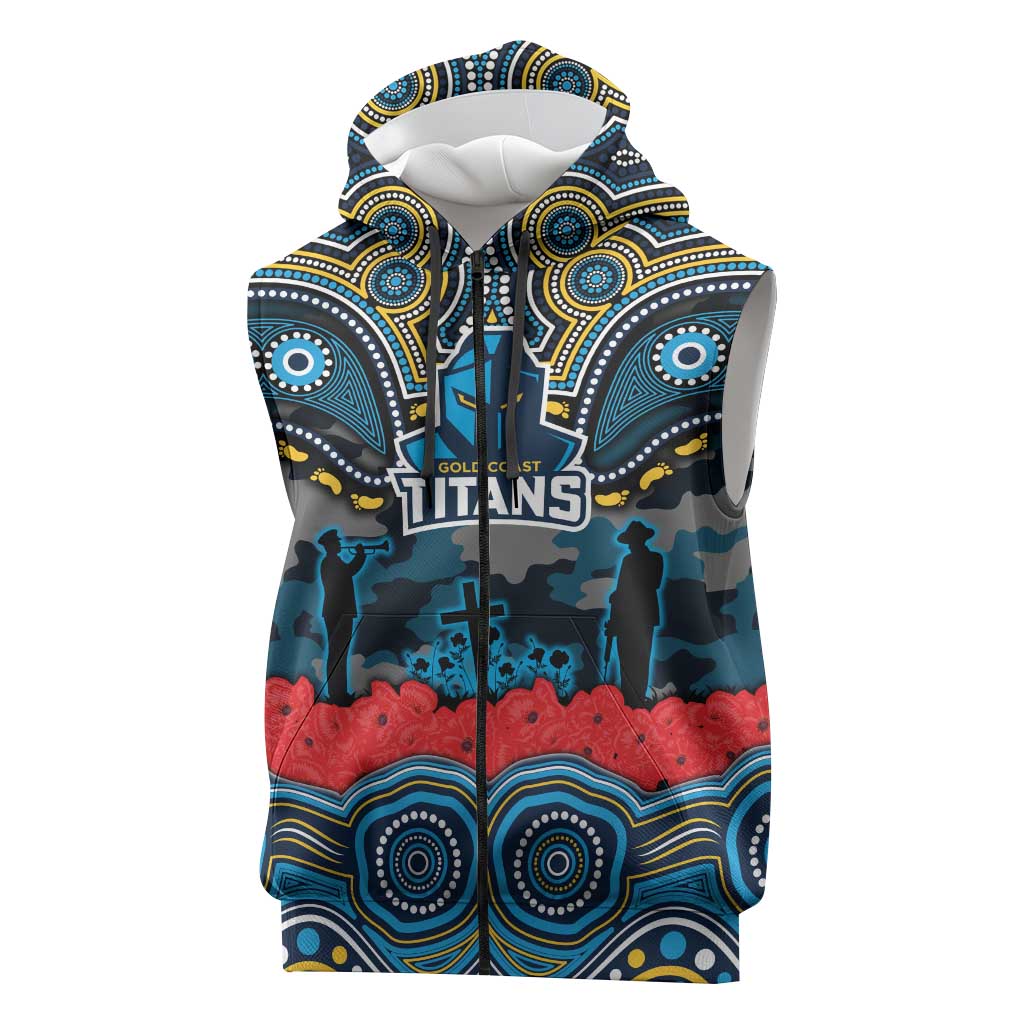 ANZAC Day Gold Coast Titans Sleeveless Zip Hoodie Military Memorial Aboriginal Indigenous Art