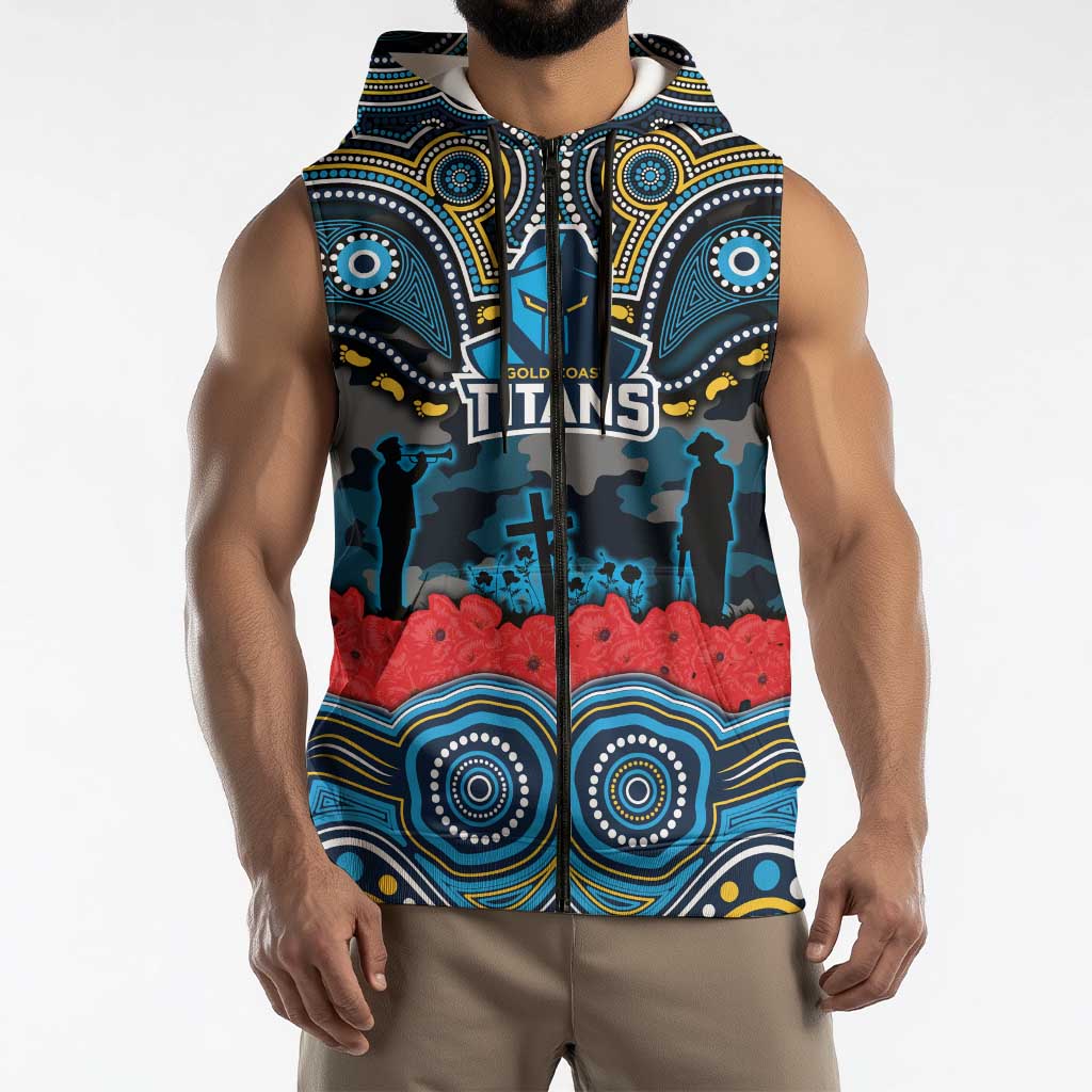 ANZAC Day Gold Coast Titans Sleeveless Zip Hoodie Military Memorial Aboriginal Indigenous Art