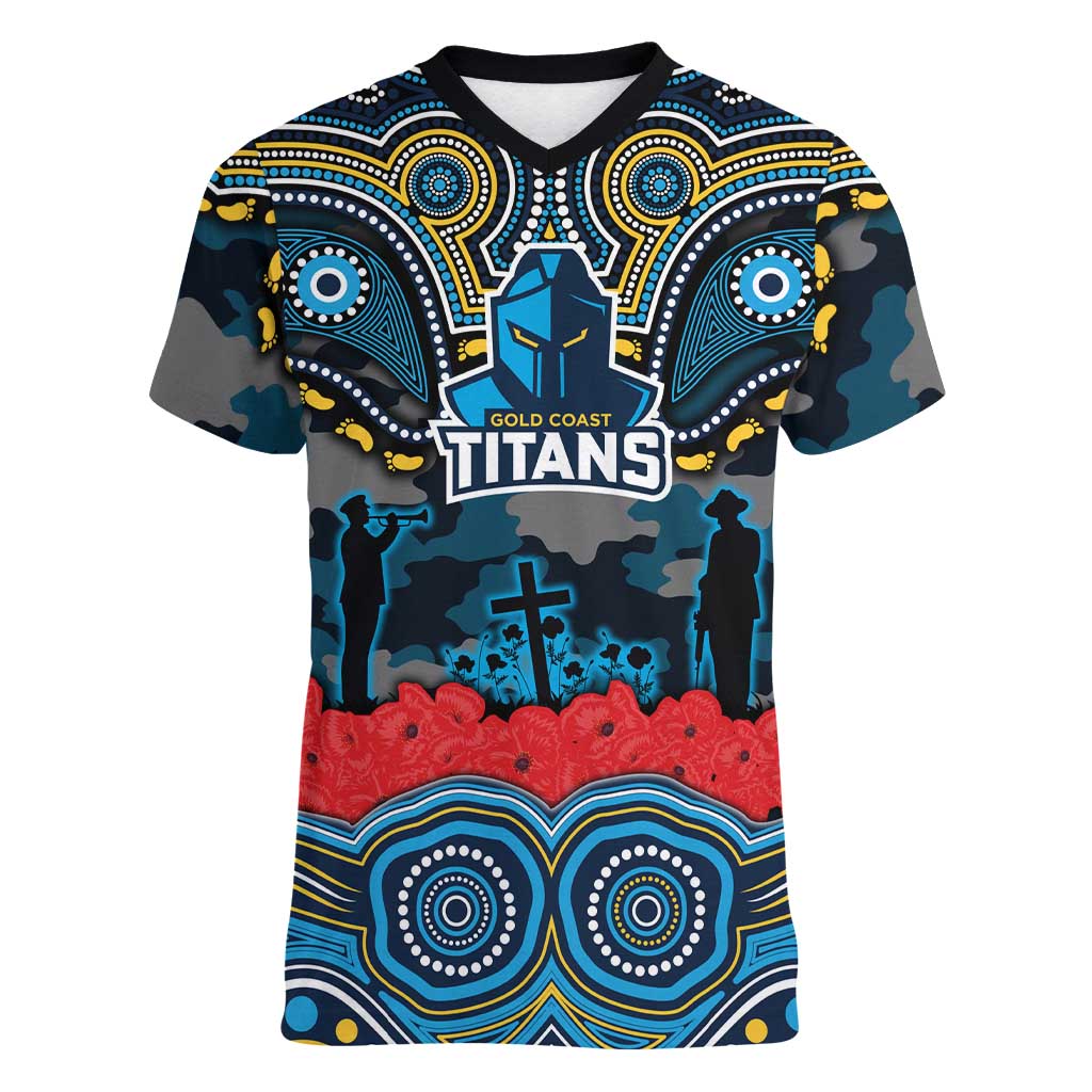 ANZAC Day Gold Coast Titans Women V-Neck T-Shirt Military Memorial Aboriginal Indigenous Art