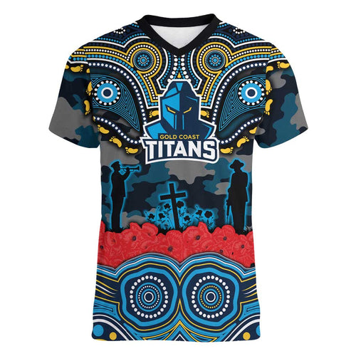 ANZAC Day Gold Coast Titans Women V-Neck T-Shirt Military Memorial Aboriginal Indigenous Art