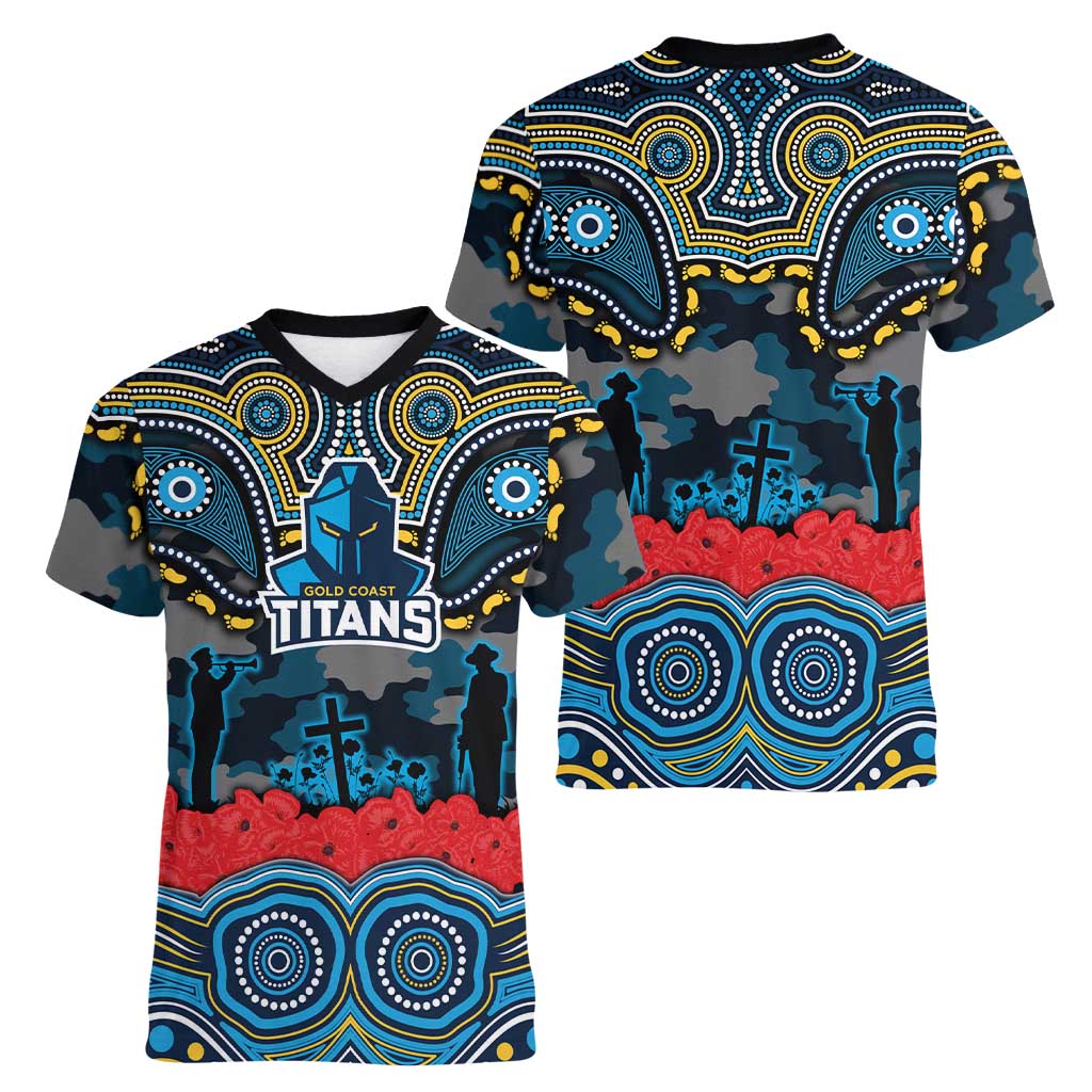 ANZAC Day Gold Coast Titans Women V-Neck T-Shirt Military Memorial Aboriginal Indigenous Art
