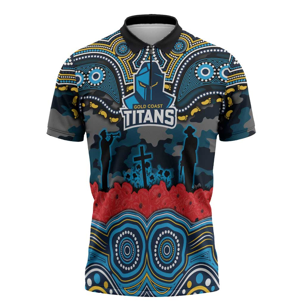 ANZAC Day Gold Coast Titans Zipper Polo Shirt Military Memorial Aboriginal Indigenous Art