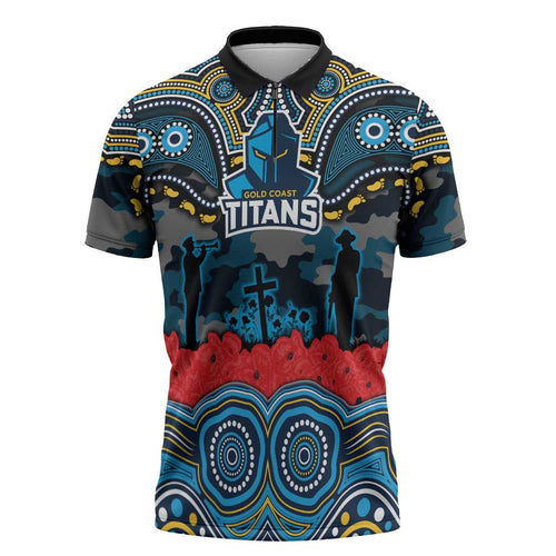 ANZAC Day Gold Coast Titans Zipper Polo Shirt Military Memorial Aboriginal Indigenous Art