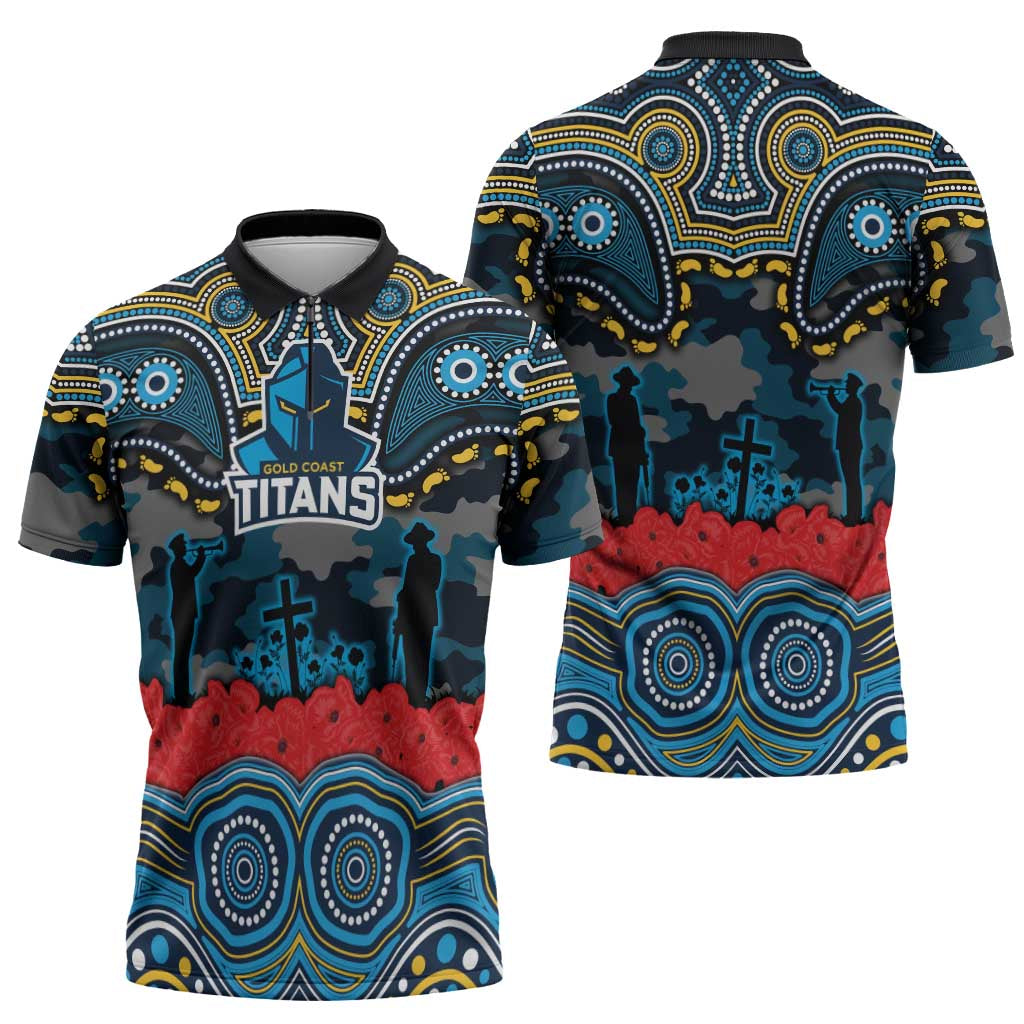 ANZAC Day Gold Coast Titans Zipper Polo Shirt Military Memorial Aboriginal Indigenous Art