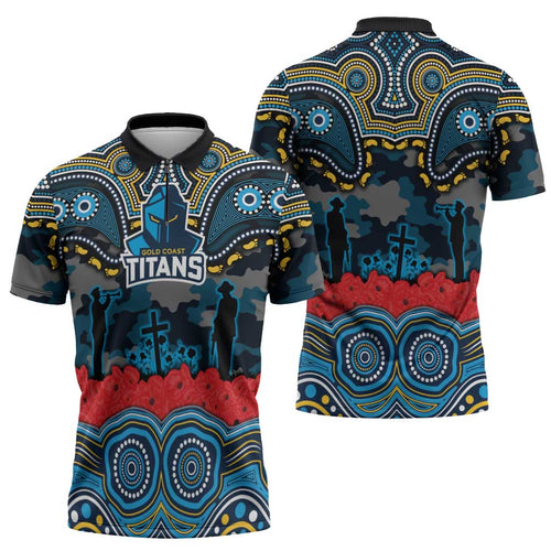 ANZAC Day Gold Coast Titans Zipper Polo Shirt Military Memorial Aboriginal Indigenous Art