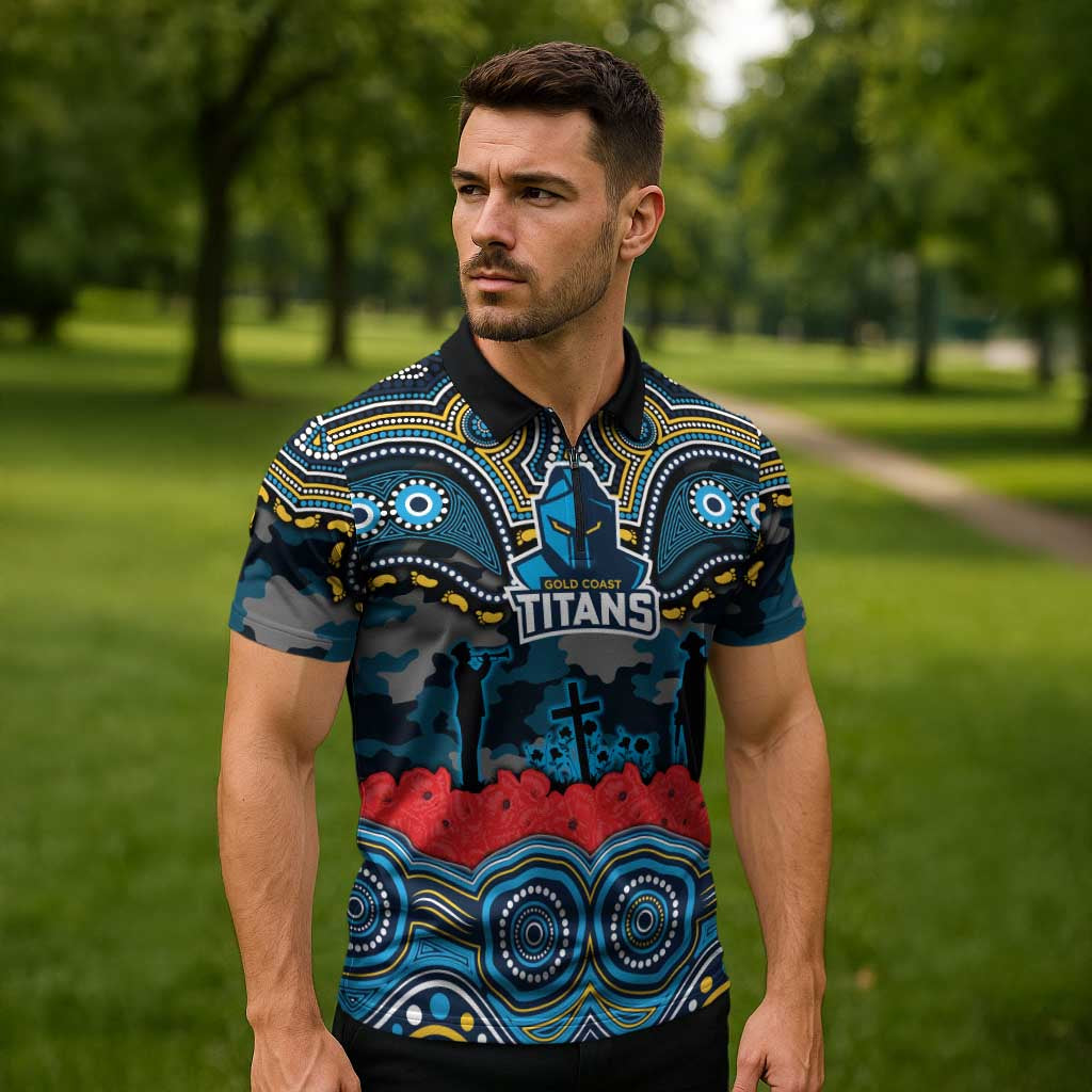 ANZAC Day Gold Coast Titans Zipper Polo Shirt Military Memorial Aboriginal Indigenous Art