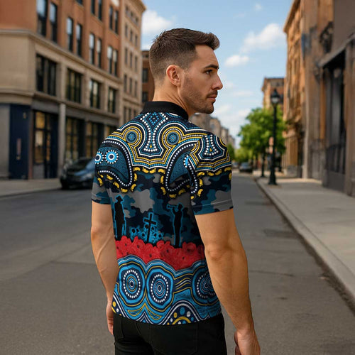 ANZAC Day Gold Coast Titans Zipper Polo Shirt Military Memorial Aboriginal Indigenous Art