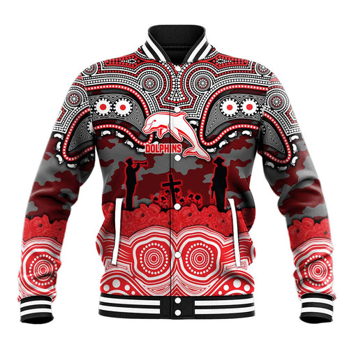 ANZAC Day Dolphins Baseball Jacket Military Memorial Aboriginal Indigenous Art