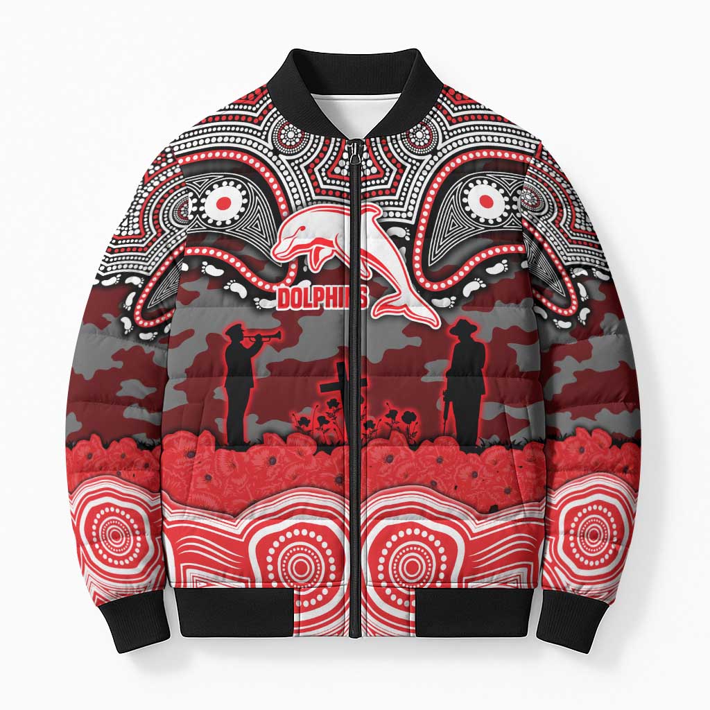 ANZAC Day Dolphins Bomber Puffer Jacket Military Memorial Aboriginal Indigenous Art