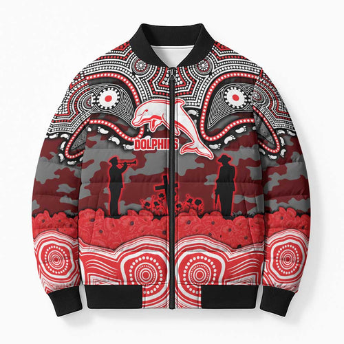 ANZAC Day Dolphins Bomber Puffer Jacket Military Memorial Aboriginal Indigenous Art