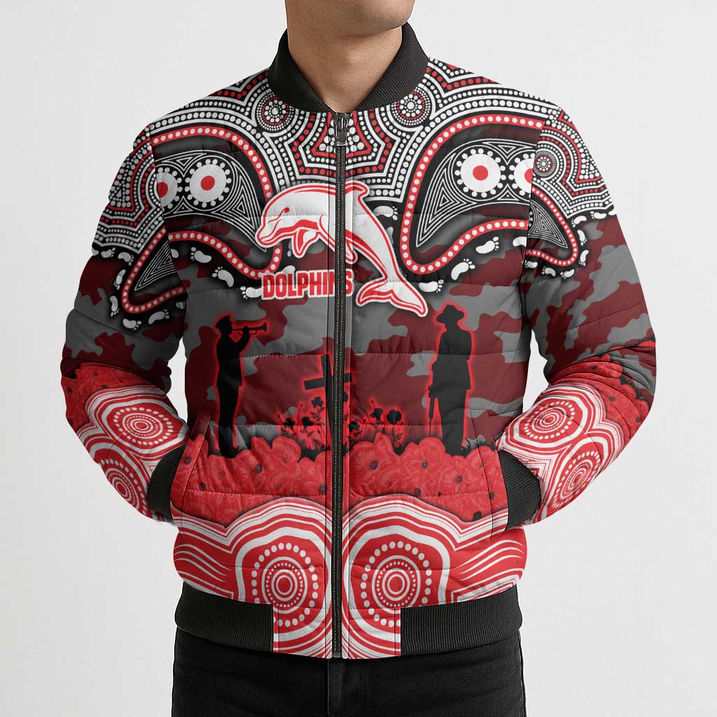 ANZAC Day Dolphins Bomber Puffer Jacket Military Memorial Aboriginal Indigenous Art