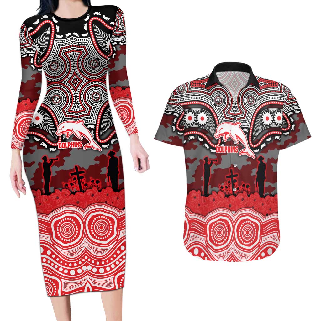 ANZAC Day Dolphins Couples Matching Long Sleeve Bodycon Dress and Hawaiian Shirt Military Memorial Aboriginal Indigenous Art