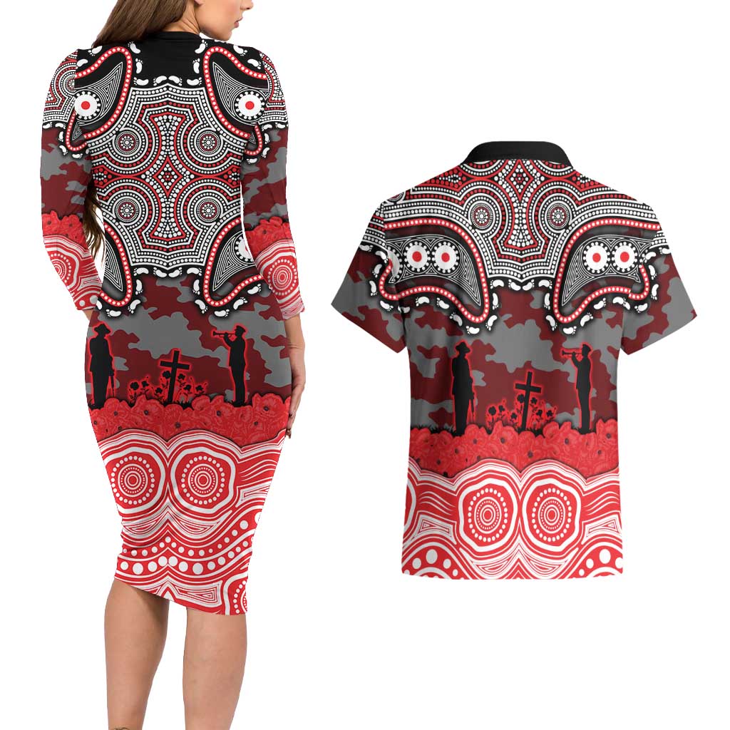 ANZAC Day Dolphins Couples Matching Long Sleeve Bodycon Dress and Hawaiian Shirt Military Memorial Aboriginal Indigenous Art