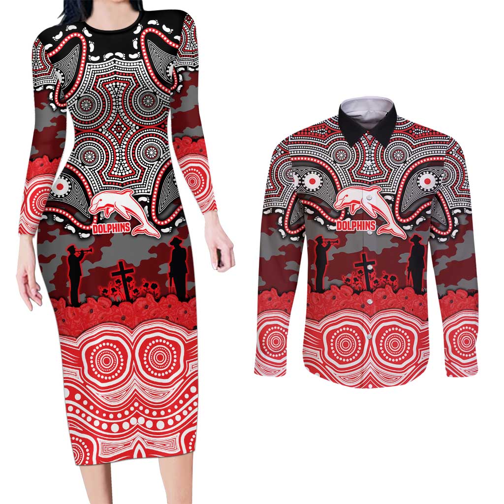 ANZAC Day Dolphins Couples Matching Long Sleeve Bodycon Dress and Long Sleeve Button Shirt Military Memorial Aboriginal Indigenous Art