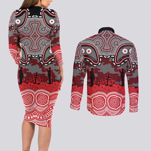 ANZAC Day Dolphins Couples Matching Long Sleeve Bodycon Dress and Long Sleeve Button Shirt Military Memorial Aboriginal Indigenous Art