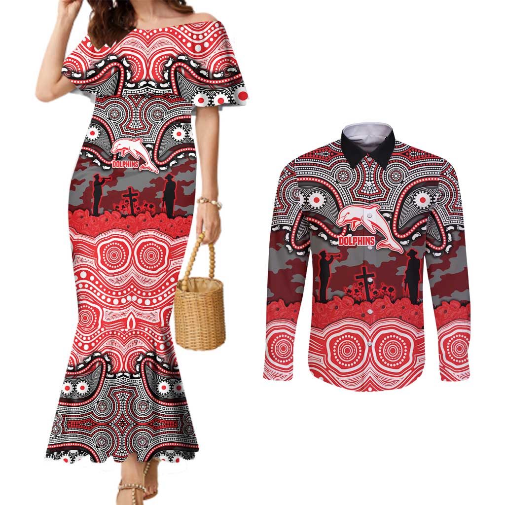 ANZAC Day Dolphins Couples Matching Mermaid Dress and Long Sleeve Button Shirt Military Memorial Aboriginal Indigenous Art