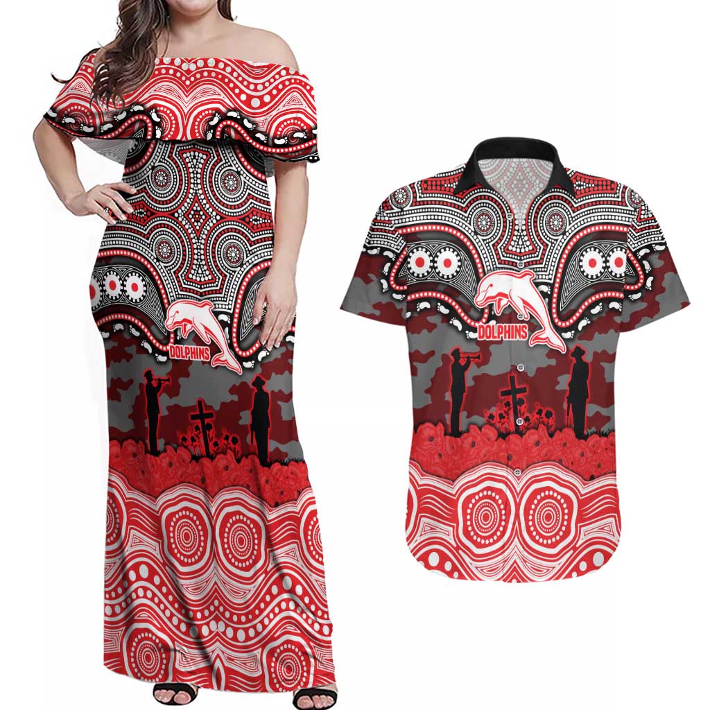 ANZAC Day Dolphins Couples Matching Off Shoulder Maxi Dress and Hawaiian Shirt Military Memorial Aboriginal Indigenous Art