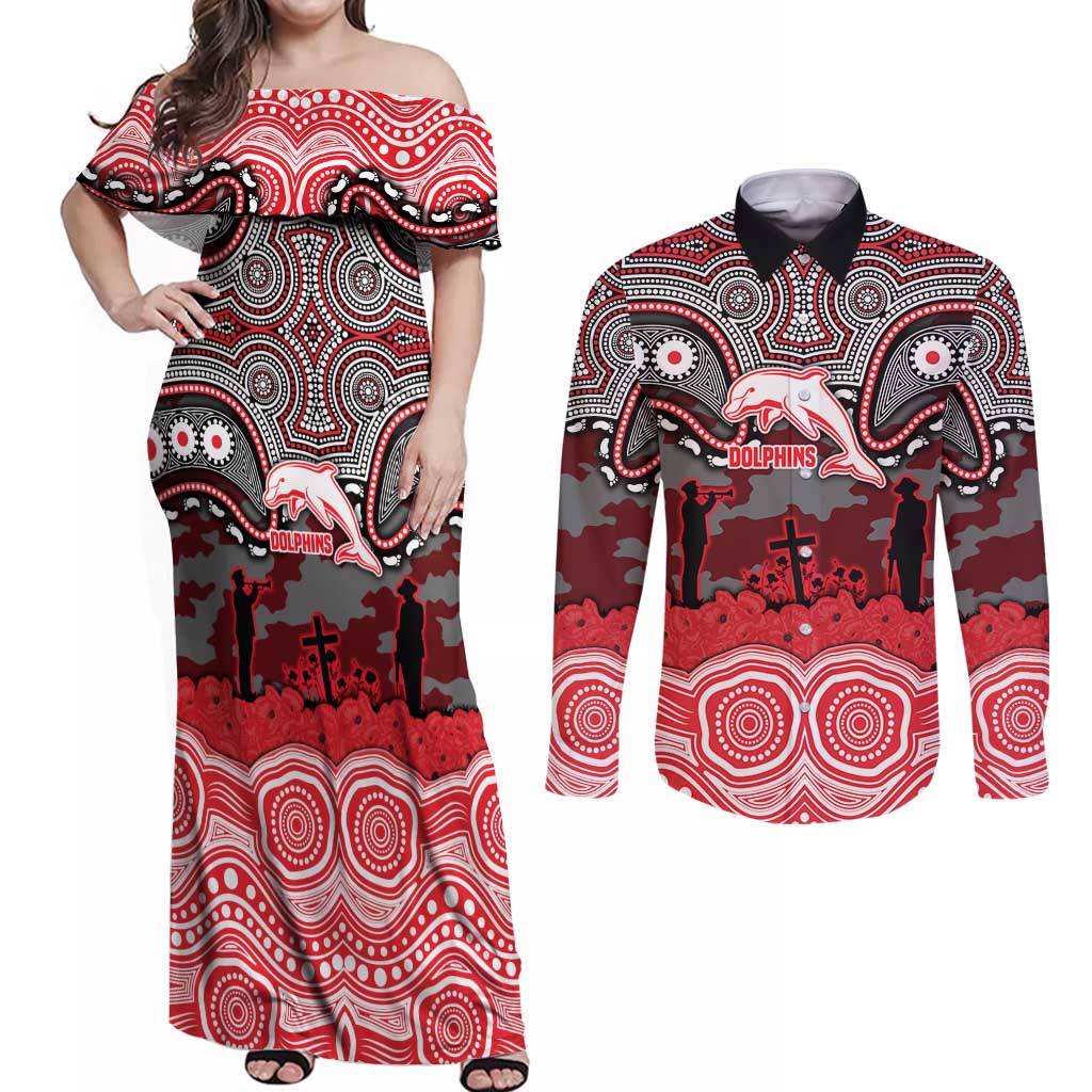 ANZAC Day Dolphins Couples Matching Off Shoulder Maxi Dress and Long Sleeve Button Shirt Military Memorial Aboriginal Indigenous Art
