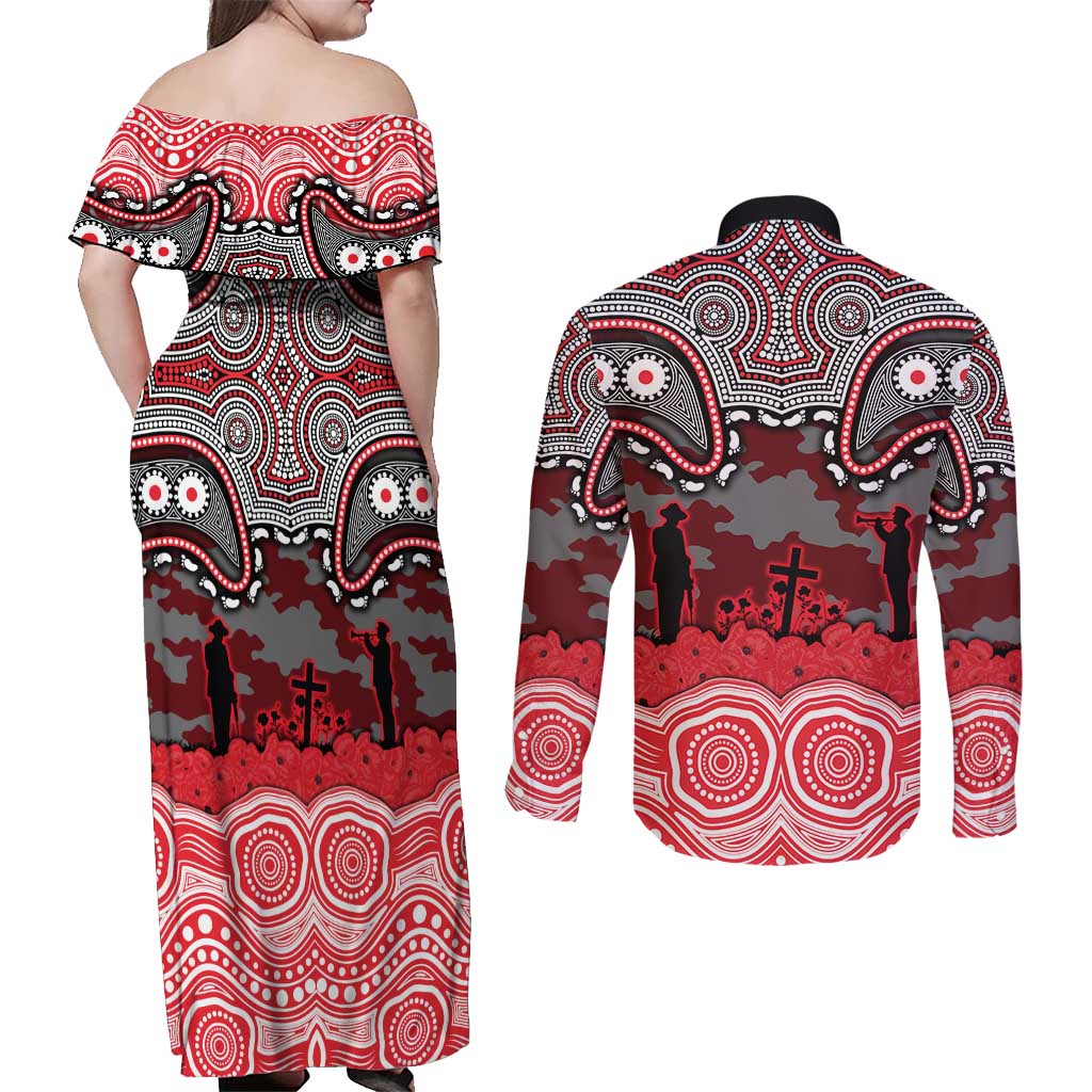ANZAC Day Dolphins Couples Matching Off Shoulder Maxi Dress and Long Sleeve Button Shirt Military Memorial Aboriginal Indigenous Art