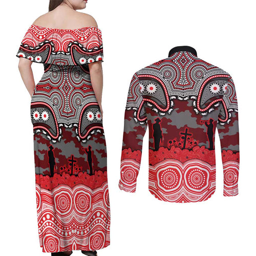 ANZAC Day Dolphins Couples Matching Off Shoulder Maxi Dress and Long Sleeve Button Shirt Military Memorial Aboriginal Indigenous Art
