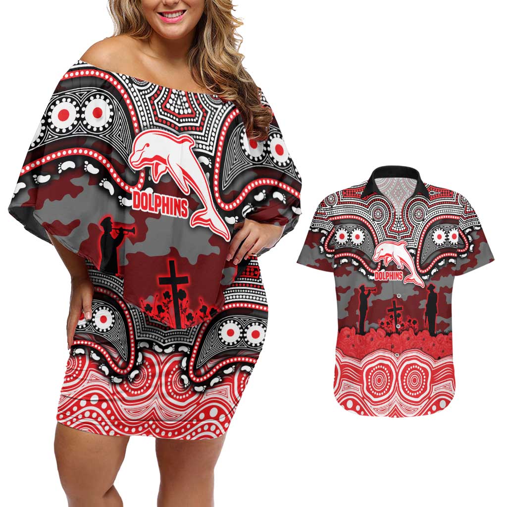 ANZAC Day Dolphins Couples Matching Off Shoulder Short Dress and Hawaiian Shirt Military Memorial Aboriginal Indigenous Art