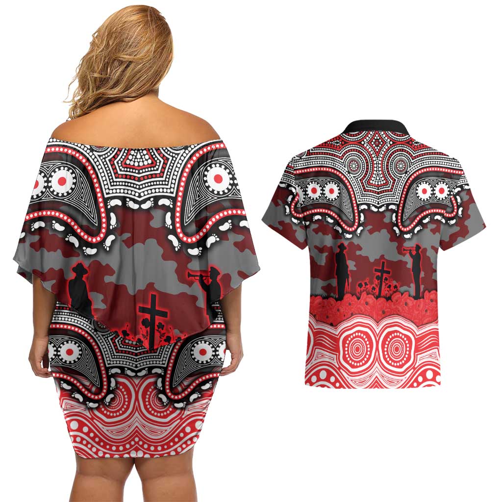 ANZAC Day Dolphins Couples Matching Off Shoulder Short Dress and Hawaiian Shirt Military Memorial Aboriginal Indigenous Art