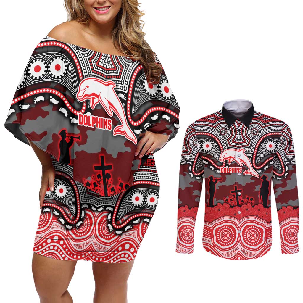ANZAC Day Dolphins Couples Matching Off Shoulder Short Dress and Long Sleeve Button Shirt Military Memorial Aboriginal Indigenous Art