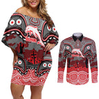 ANZAC Day Dolphins Couples Matching Off Shoulder Short Dress and Long Sleeve Button Shirt Military Memorial Aboriginal Indigenous Art