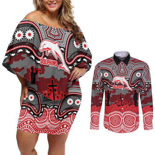 ANZAC Day Dolphins Couples Matching Off Shoulder Short Dress and Long Sleeve Button Shirt Military Memorial Aboriginal Indigenous Art