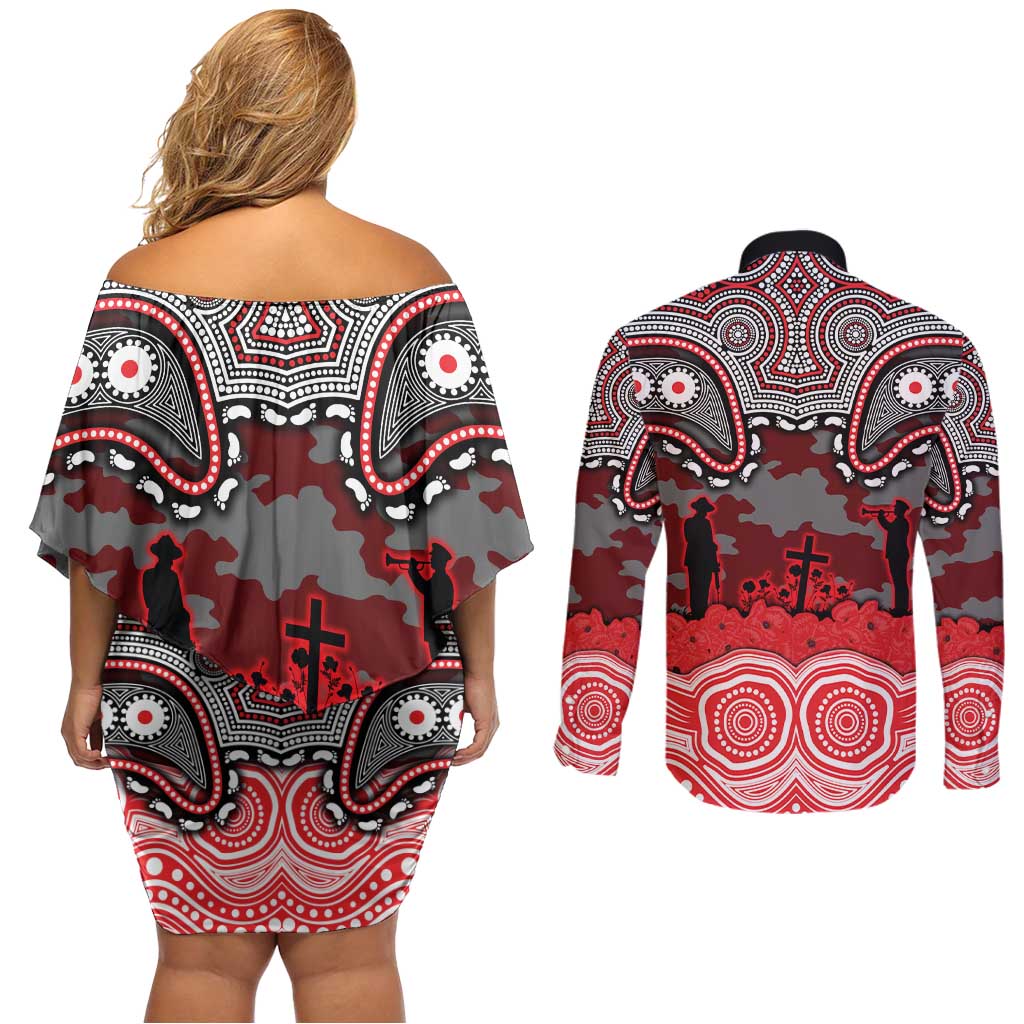 ANZAC Day Dolphins Couples Matching Off Shoulder Short Dress and Long Sleeve Button Shirt Military Memorial Aboriginal Indigenous Art