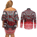 ANZAC Day Dolphins Couples Matching Off Shoulder Short Dress and Long Sleeve Button Shirt Military Memorial Aboriginal Indigenous Art