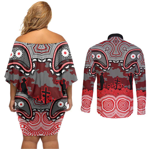 ANZAC Day Dolphins Couples Matching Off Shoulder Short Dress and Long Sleeve Button Shirt Military Memorial Aboriginal Indigenous Art