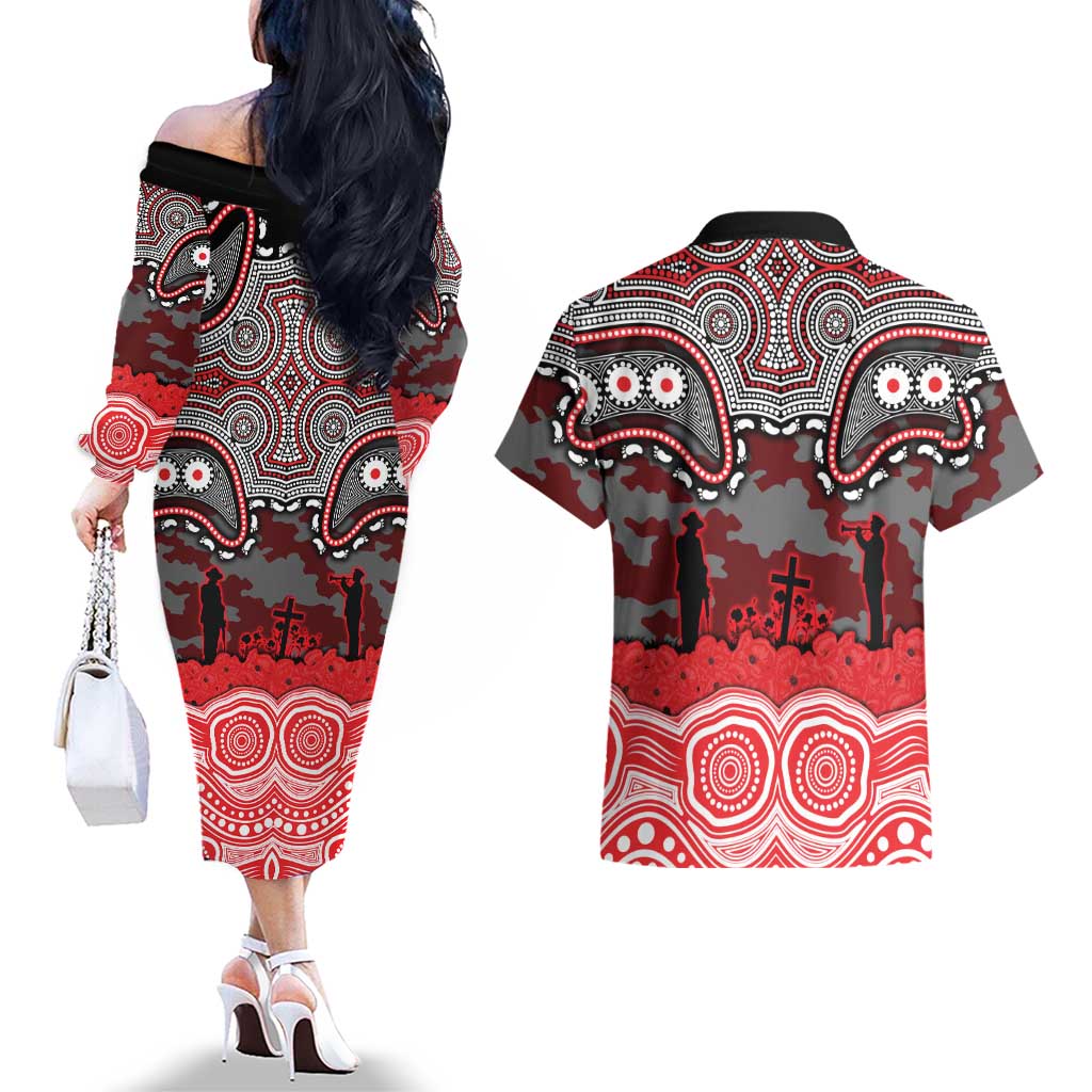 ANZAC Day Dolphins Couples Matching Off The Shoulder Long Sleeve Dress and Hawaiian Shirt Military Memorial Aboriginal Indigenous Art