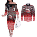 ANZAC Day Dolphins Couples Matching Off The Shoulder Long Sleeve Dress and Long Sleeve Button Shirt Military Memorial Aboriginal Indigenous Art