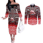 ANZAC Day Dolphins Couples Matching Off The Shoulder Long Sleeve Dress and Long Sleeve Button Shirt Military Memorial Aboriginal Indigenous Art