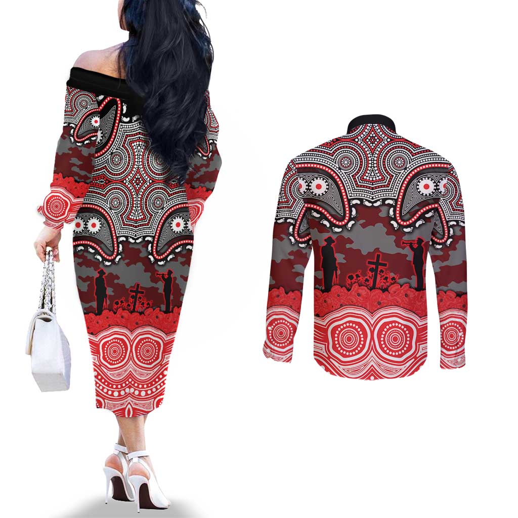 ANZAC Day Dolphins Couples Matching Off The Shoulder Long Sleeve Dress and Long Sleeve Button Shirt Military Memorial Aboriginal Indigenous Art