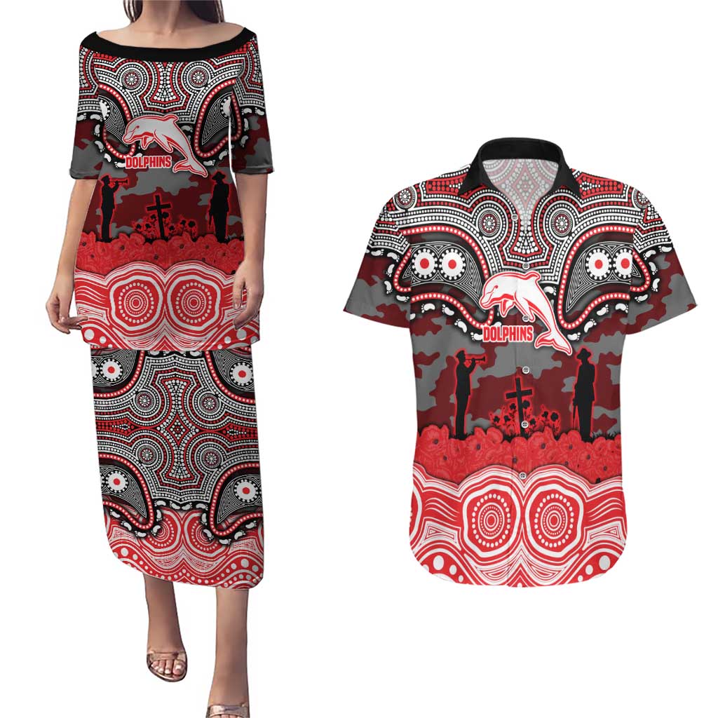 ANZAC Day Dolphins Couples Matching Puletasi and Hawaiian Shirt Military Memorial Aboriginal Indigenous Art