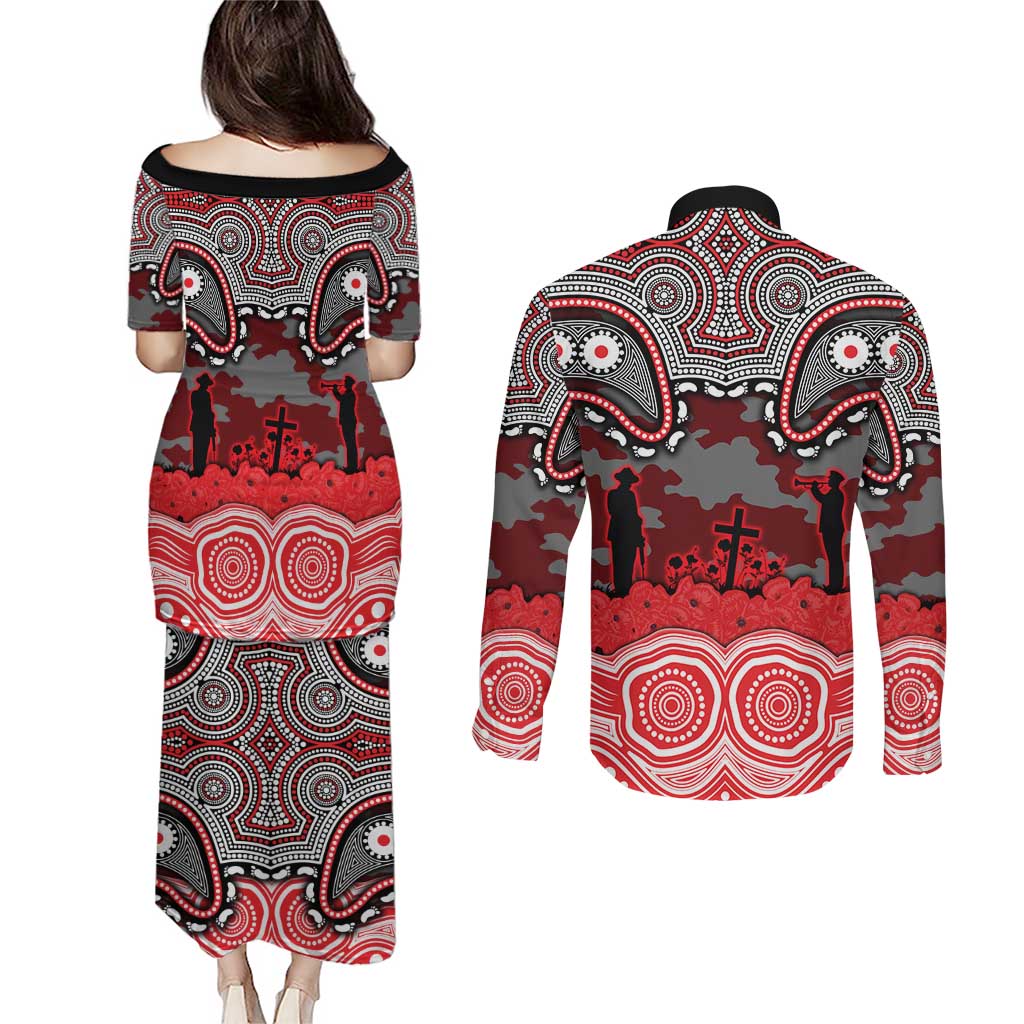 ANZAC Day Dolphins Couples Matching Puletasi and Long Sleeve Button Shirt Military Memorial Aboriginal Indigenous Art
