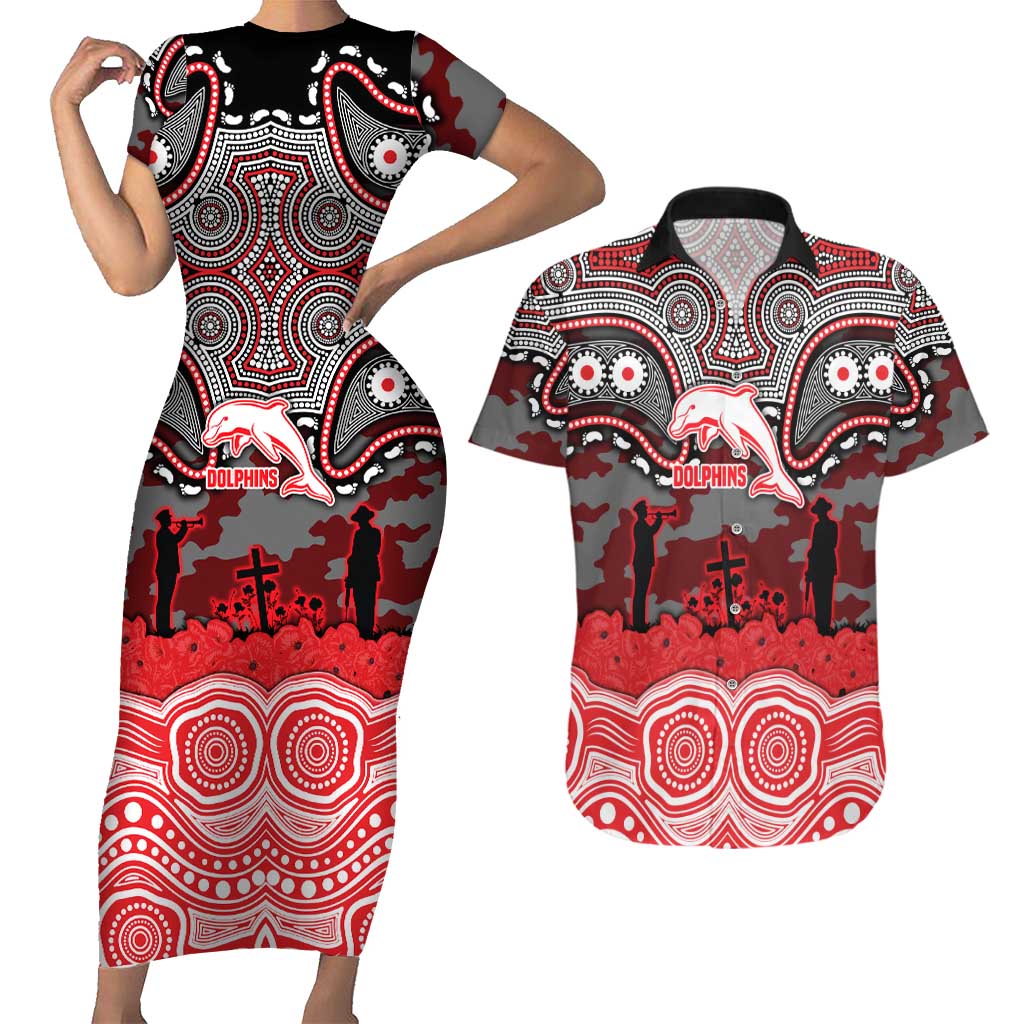 ANZAC Day Dolphins Couples Matching Short Sleeve Bodycon Dress and Hawaiian Shirt Military Memorial Aboriginal Indigenous Art